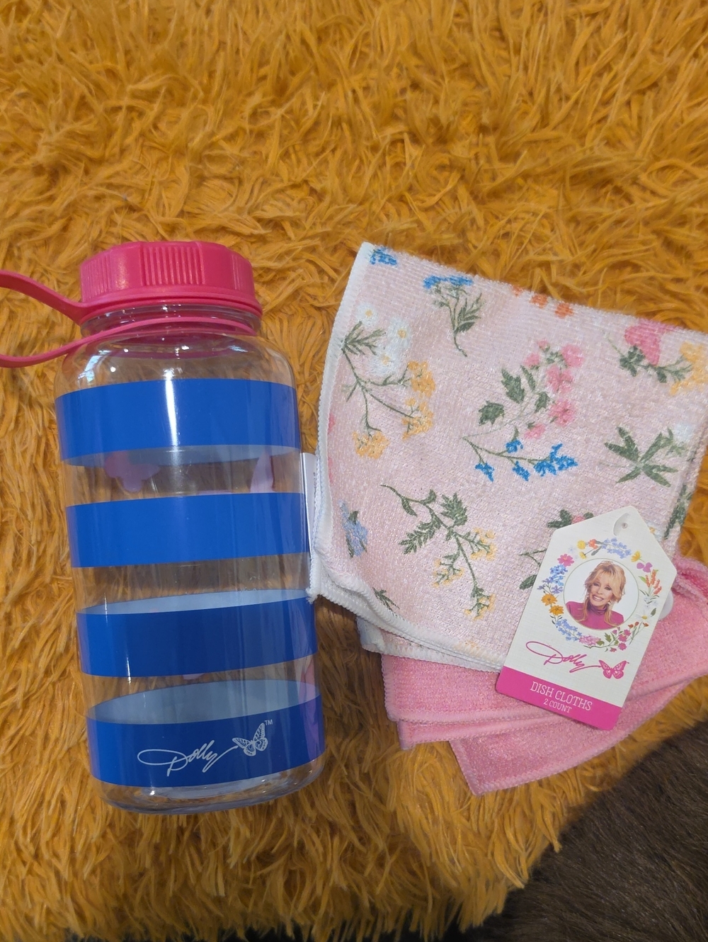 Dolly PartonNee  Blue Striped Water Bottle with Pink Lid And 2 Pack Dish Cloths
